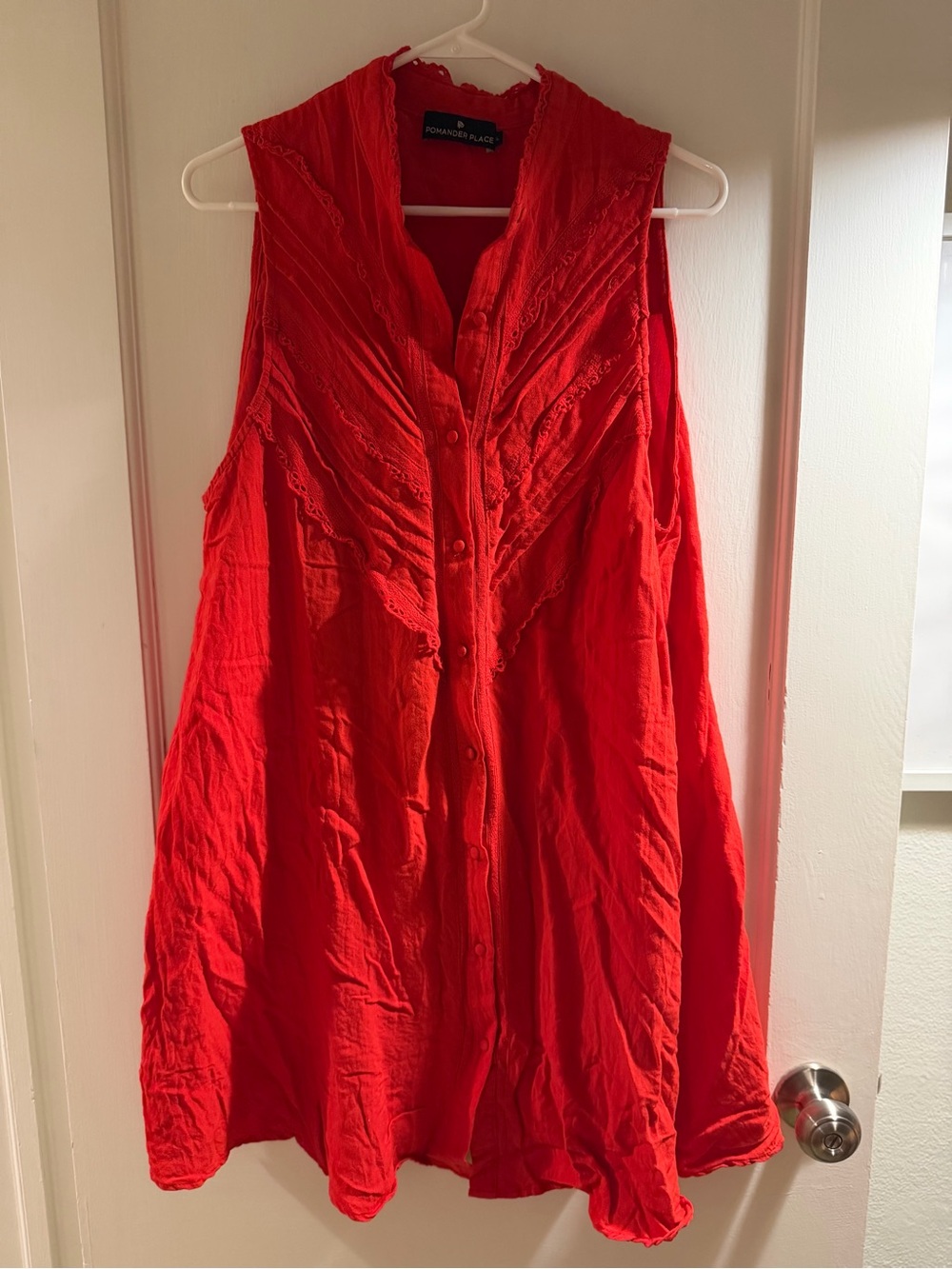 Pomander Place Red Sleeveless Button-Front Tunic with Lace Trim